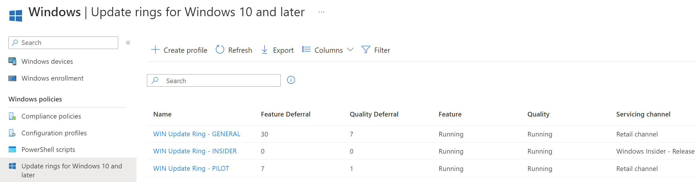 Update rings configuration in Microsoft Intune